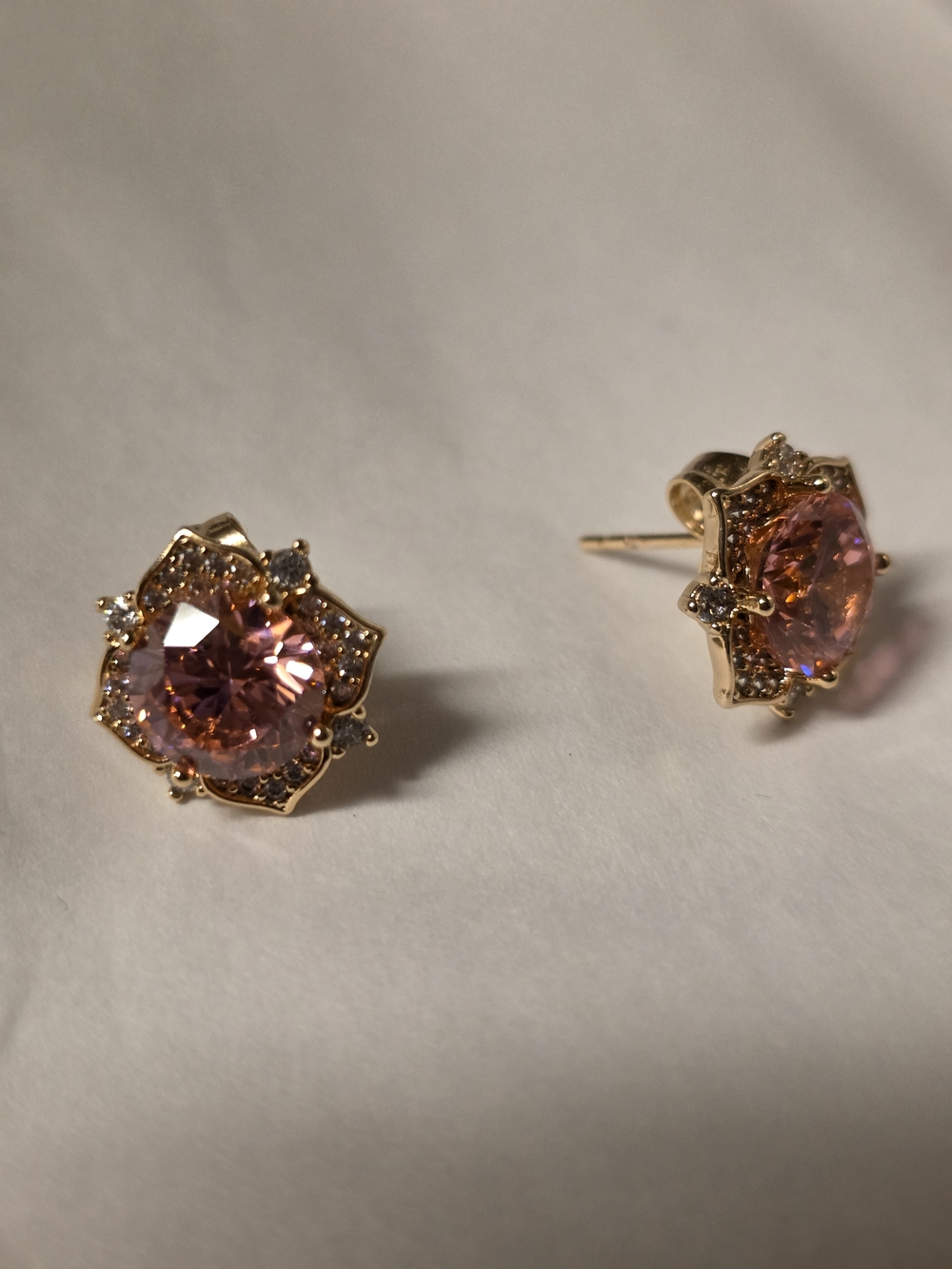 Gold Filled Pink Crystal Flower Stud Earrings